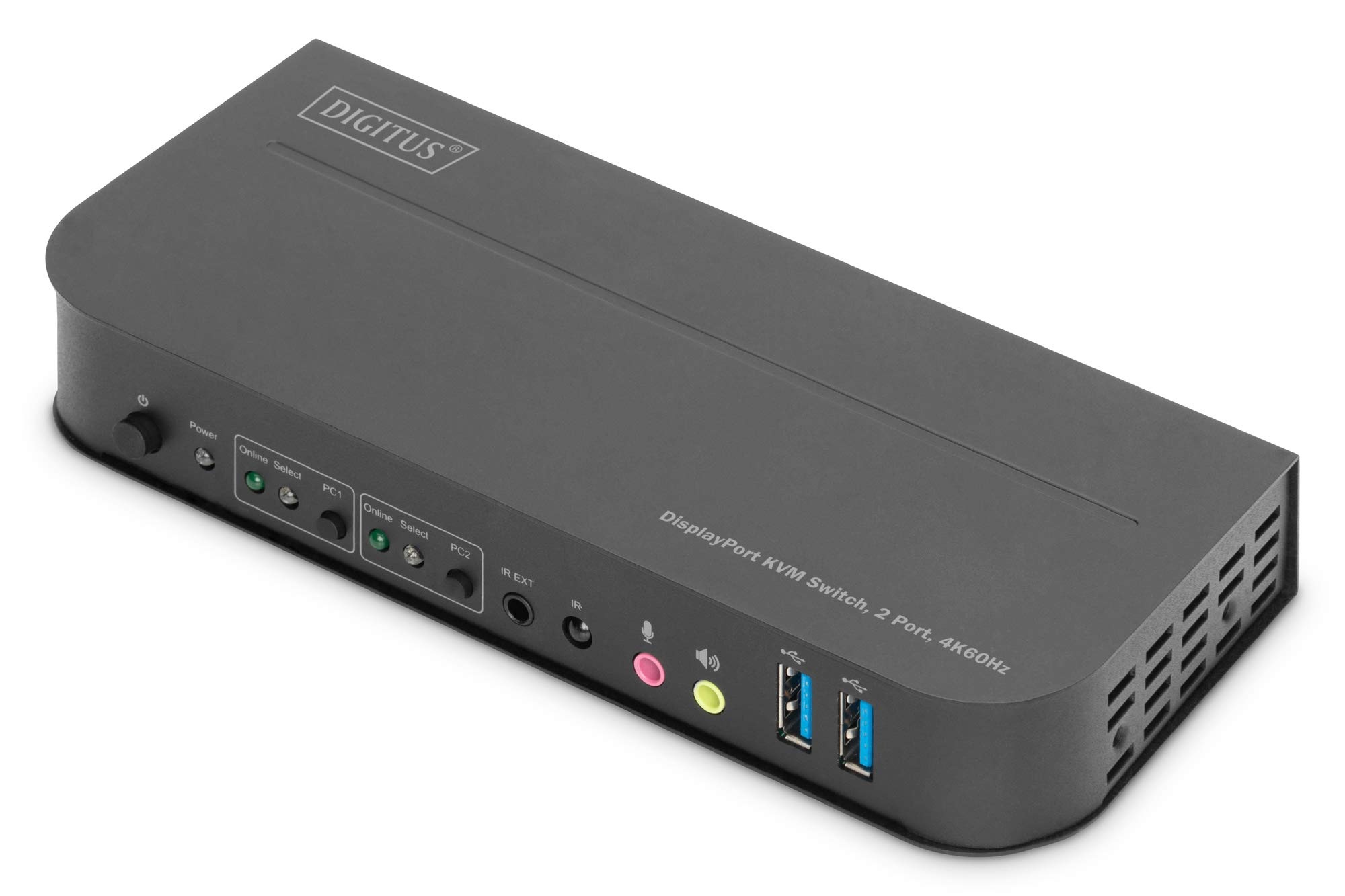 DIGITUS KVM-Switch DisplayPort – 2-Port Single-Display – 2 PC 1 Monitor – 1x Maus, Tastatur & Audio für 2 Computer – UHD 4K@60Hz (4096 x 2160p) – Hot-Key Umschalter – 2x USB 3.0 Hub – Schwarz