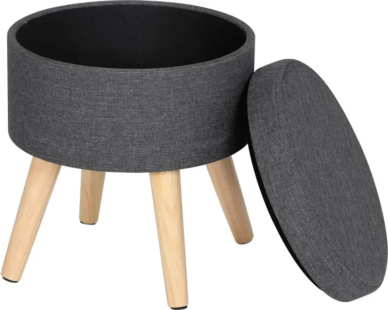 WOLTU Aufbewahrungshocker rund, niedriger Pouf mit Holzbeinen, Fußablage, dunkelgrau