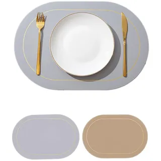 Wambere 6 Stück 45cm×30cm Tischsets Platzsets Leder,Zweifarbiges Ovales Tischset,Tischdekoration Tischuntersetzer Essunterlagen Tischsets Abwaschbar Abwischbar rutschfest Hitzebeständig,Grau + Gold