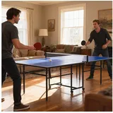 sportnow Tischtennistisch, Tischtennisplatte In Viertel Klappbar Mit Rollen, Tischtennisspiel-set Mit 2 Tischtennisschlägern, 3 Bällen, Outdoor Indoor Stahl, Blau,
