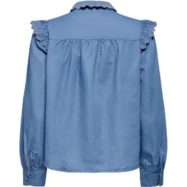 Only Jeansbluse "ONLPIPER L/S EMB FRILL DNM SHIRT QYT", Damen, Gr. S, blau (medium blau denim), Web, Obermaterial: 65% Baumwolle, 35% Lyocell, unifarben, regular fit normal, Blusen Jeansbluse, mit Rüschen