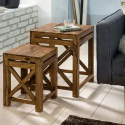 KADIMA DESIGN 2er Set Beistelltisch PALI Massiv-Holz Sheesham Wohnzimmer-Tisch Design dunkel-braun Landhaus-Stil