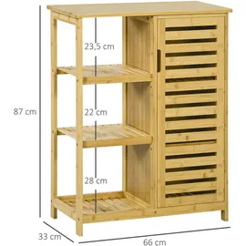 kleankin Badezimmerschrank Badschrank mit Schrankfach, 3 Offenen Ebenen, Toilettenschrank mit Kippschutz, Beistellschrank für Bad, Bambus, Natur, 66 x 33 x 87 cm