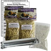 TAIGAWURZEL Sibirischer Ginseng zum RÄUCHERN. 15-TLG Räucherset - 2X 60ml Räucherwerk + Räucherkohle (10x) + Räuchersand + Räucheranleitung + Lexikon der wichtigen Räucherstoffe A-Z. 82060-XX82