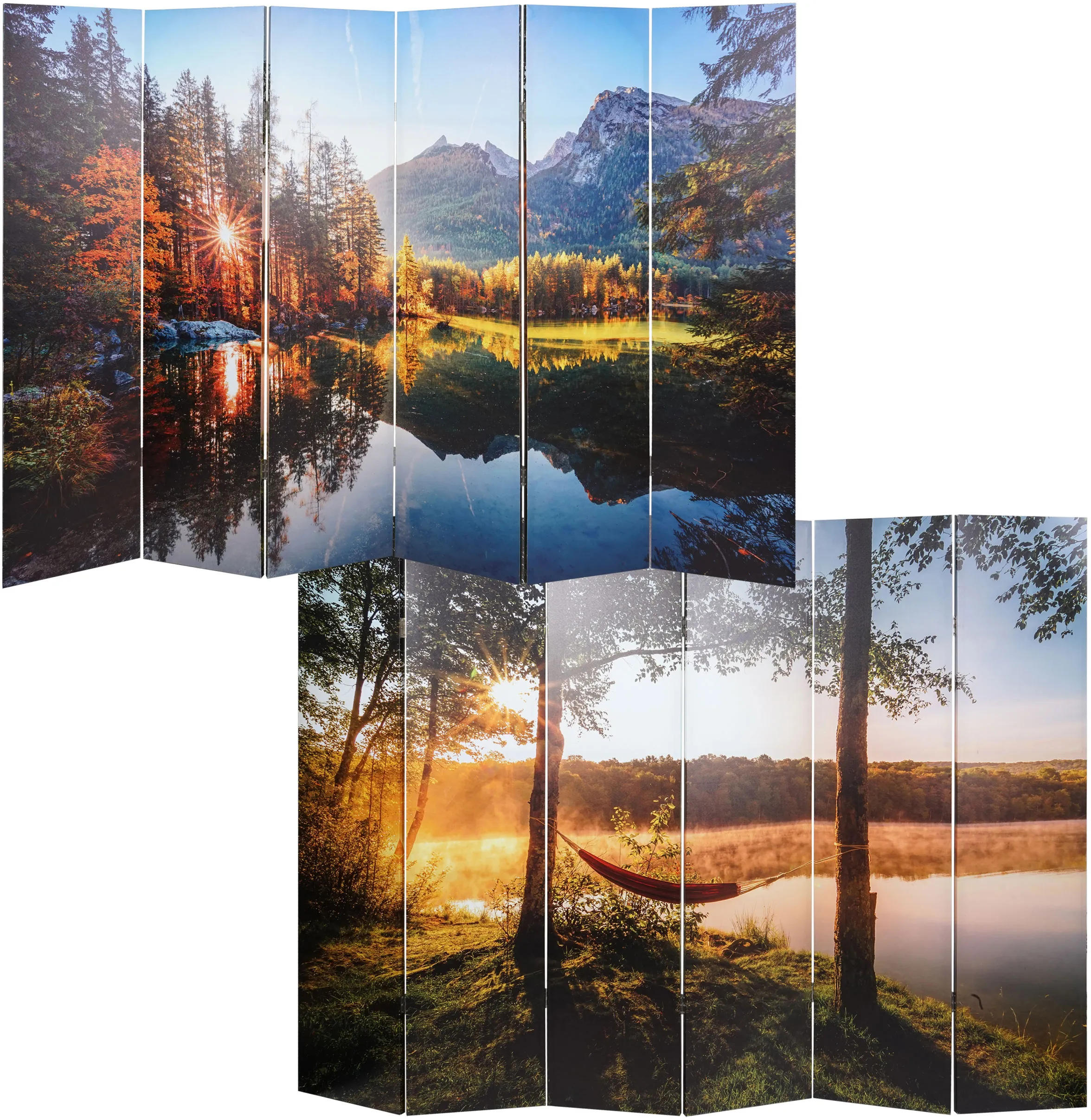 Foto-Paravent mit Schallschutz HWC-L55, akustischer Raumteiler Trennwand Sichtschutz, MVG ~ 180x245cm Waldsee