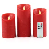 Fanna 3 Rot flammenlose Kerzen flackernde Flamme Rustik-Design, LED Kerzen deko mit Fernbedienung und Batterien enthalten