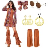 YADODO Hippie Kostüm Damen Kleid Set 70er Jahre Bekleidung Damen 70er Jahre Kostüm Damen FaschingsKostüm kleid Damen Mädchen 60er 70er Disco Halloween Outfits Hippie kleidung Damen (L)