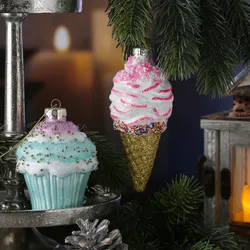Weihnachtsbaumschmuck Eis/Cupcake - mit Perlen verziert - Glas - Christbaumschmu...