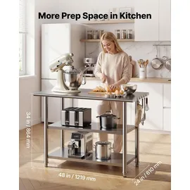 Vevor Gastronomie Arbeitstisch 1219 x 610 x 864 mm, Edelstahltisch mit 3 Ebenen & Höhenverstellbaren Ablagen Belastbarkeit Top 245 kg & 2 Unterablagen je 204 kg Vorbereitungstisch für Restaurant