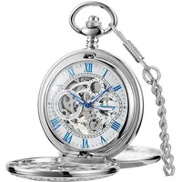 Tiong Vintage Double Hunter Taschenuhr mit Kette Glatter Stahl Mechanische Steampunk Römische Ziffern Taschenuhr & Geschenkbox Herren Bestes Geschenk, silber, blau, Retro