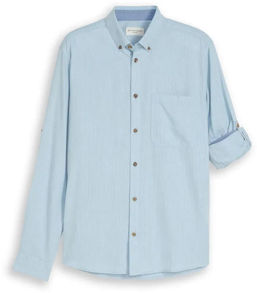 TOM TAILOR Herren Regular Fit Hemd mit Turn-Up-Funktion, blau, Fischgrät, Gr. M