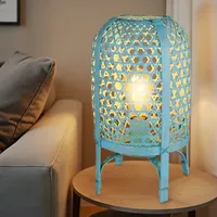 GLOBO Tischleuchte Bambus Boho Tischlampe blau Nachttischlampe Schlafzimmer, Metall,