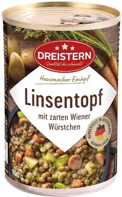 DREISTERN Linsentopf mit Wiener Würstchen