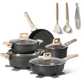 just perfecto Topf und Pfannenset Induktion mit deckel Schwarz ohne PTFE und PFOA 14 pcs - Kochtopfset Aluminium mit Antihaftbeschichtung - Töpfe Set - Schwarz