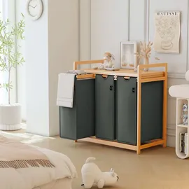 ADEL DREAM AdelDream Wäschekorb mit Bambusrahmen 150 l, 3 Fächer Wäschesammler Grau - Grau