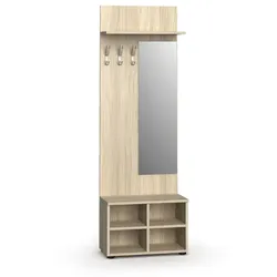 Garderobenwand PRIMO WOOD, Schuhregal + Spiegel, 3 Haken, Ablage, Eiche natur