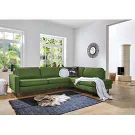 PLACES OF STYLE Ecksofa »Pinto, 290 cm, Cord, Chenille, Lederoptik, Ottomane links / rechts«, mit Keder, schwarze Metallfüße, Wellenunterfederung grün