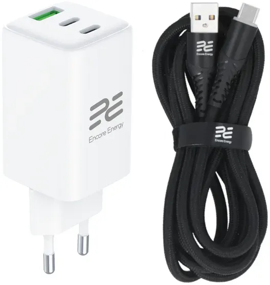 Neues GaN 65W USB-A + 2x USB-C QC PD Encore Energy MD-6583Z Netzladegerät + 2m USB-A zu USB-C Kabel