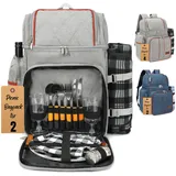 Rnoony Großer Picknickrucksack für 2, Picknickkorb für 2 mit isoliertem Kühler und Flaschentasche, Picknicktasche mit Leichter Decke und Besteckset für Familie, Paar und Wandern