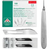 Set - 100 Stück sterile Skalpellklingen Figur 10 aus Karbonstahl - Ersatzklingen + 1 x Shehadeh - Skalpell-Halter mit 13,5 cm langem und bauchigen Griff - Edelstahl