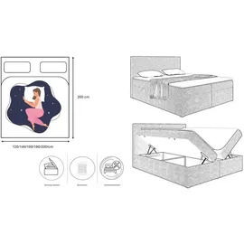 Kaiser Boxspringbett mit bettkasten und Matratze + Topper LILA stof Puente Dunkelgrau 180x200 cm