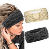 2 Stück Winter Stirnband Damen Strick Ohrenwärmer Haarband Haarreifen Mädchen Geknotet Gestrickt Stirnbänder Verdicken Frauen Haarbänder Häkelarbeit Elastische Plüsch Skifahren (Dunkelgrau + Beige)