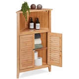 Relaxdays Eckschrank, Bambus, HxBxT: 92 x 58 x 30 cm, Badschrank mit 2 Lamellentüren, Eckkommode für Bad & Küche, Natur