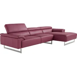 Ecksofa EGOITALIANO "Malika, L-Form", lila (violett), B:287cm H:94cm T:165cm, Leder NUVOLE (Echtes Rindsleder). Halbnatürliches, halbnarbiges Rindsleder mit einer natürlichen Körnung von 1, 2 bis 1, 4 mm. Dieses Leder hat eine weiche, wachsartige Haptik mit mattem Aussehen und einem Wolkeneffekt. Es handelt sich um ein Naturleder, das die ursprünglichen Eigenschaften der Lederhäute nicht verändert. Das Vorhandensein von verheilten Narben, Körnungsunterschiede, Falten, Adern, Unterschiede in den Farbtönen und andere Spuren, die die Natur auf diesen Fellen hinterlassen hat, sind ein Beweis für die absolute Echtheit und das Zeugnis ihres großen Wertes., Sofas, mit Recamiere, inkl. Kopfteilverstellung und chromfarbenen Metallfüßen