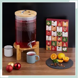 Relaxdays Getränkespender, 5 Liter, Kalt- & Heißgetränke, Bambus-Ständer, Thermometer, Bowle-Gefäß, transparent/ natur