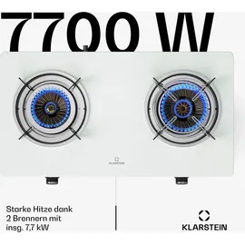 Klarstein Barzona Gaskochfeld, 2-Brenner Edelstahl & Glas, 7,7kW, Tragbarer Campingkocher mit Piezo-Zündung & Flammenausfallsicherung, Kompaktes u... - Weiß