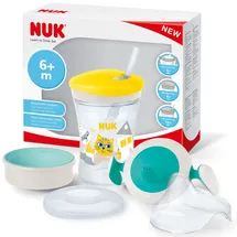 NUK 3-in-1 Trinklernset mit Trainer Cup, Magic Cup & Action Cup grün/gelbe Katze (230 ml)