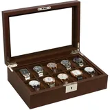 KILHS Uhrenbox mit 10 Fächern, Uhrenbox mit großem Glasdeckel, abnehmbares Uhrenkissen, abschließbarer Uhrenbox-Organizer, Weiches Samtfutter, Geschenk, Braun