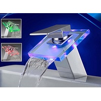 Eaxus LED RGB Wasserfall Glas Armatur Waschbecken Bad Chrom Wasserhahn Waschtisch Einhebelmischer Waschtischarmatur Einhandmischer Badarmatur Waschbeckenarmatur