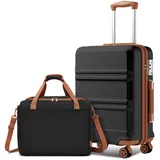 KONO 55cm Handgepäck-Koffer Trolley Set 2 Teilig Gepäcksets, Kleiner Koffer mit Rollen Handgepäck Set mit Ryanair Reisetasche 40x30x20cm, Schwarz/Braun