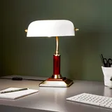 Lightbox Bankerlampe mit schwenkbarem Kopf & Wipp-Schalter | 34 cm Höhe | klassische Schreibtischlampe mit Michglas Lampen-Schirm | aus Glas/Metall/Eichen-Holz in Messing/Gold/Weiß