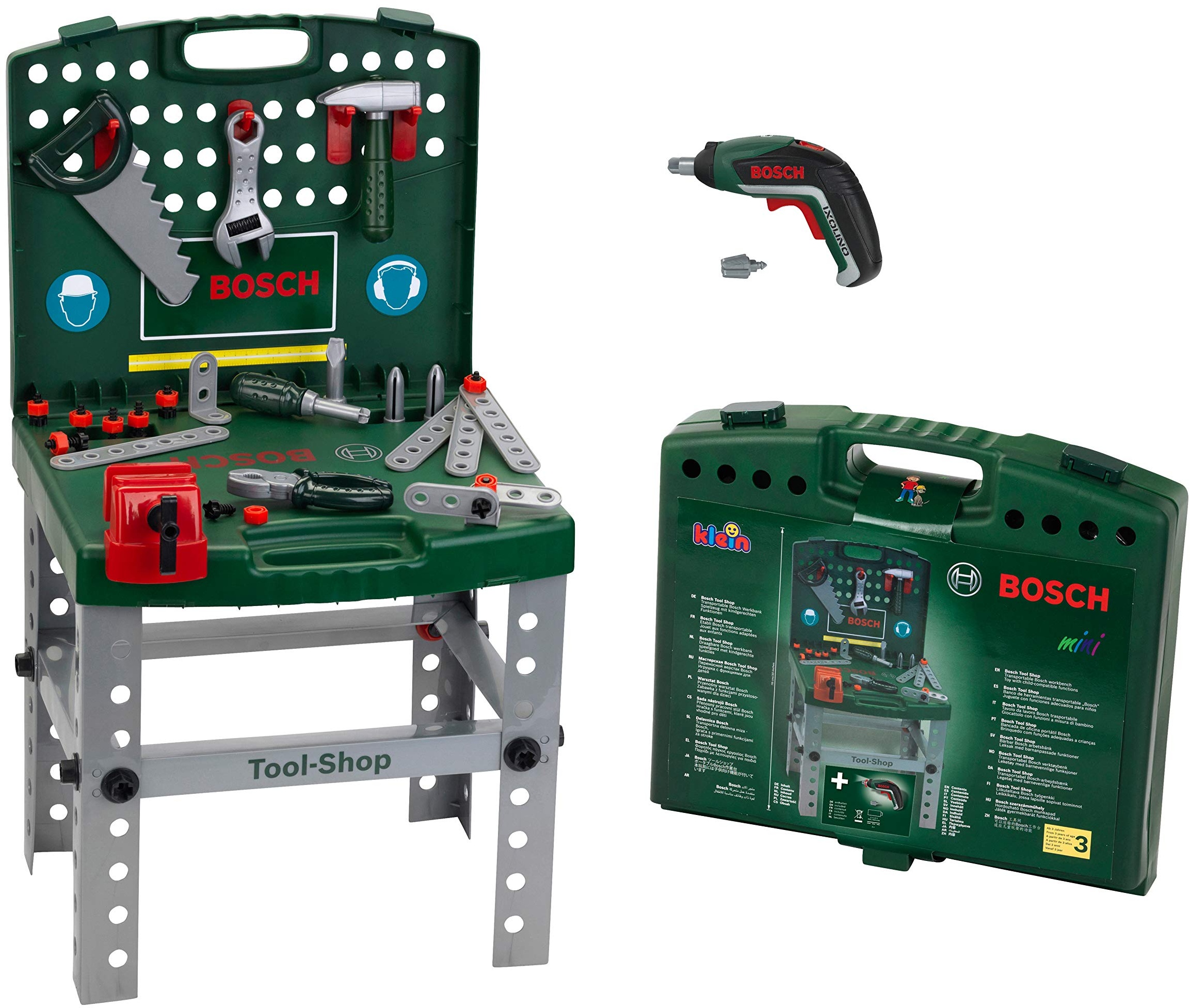 Theo Klein 8676 Bosch Tool Shop | Mit batteriebetriebenem Bosch Akkuschrauber Ixolino | Zusammenklappbar und leicht transportabel | Spielzeug für Kinder ab 3 Jahren