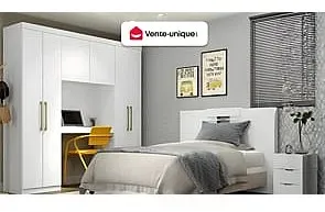 Bettüberbau mit 6 Türen, Kleiderschrank & Stauraum - L. 200 cm - Weiß - ANTERO