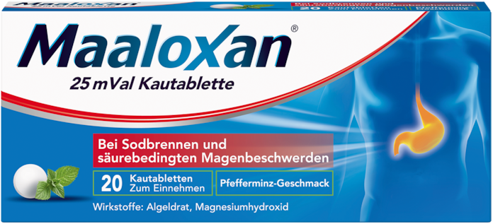 Maaloxan 25 mVal Kautablette, Kautablette, mit Algeldrat und Magnesiumhydroxid, bei Sodbrennen und säurebedingten Magenbeschwerden Verdauung