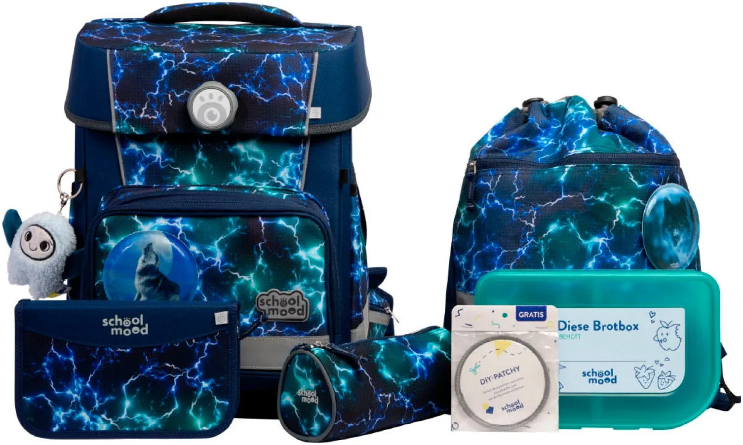 Schulranzen SCHOOL-MOOD "Champion Pro", Kinder, Gr. B/H/T: 30cm x 40cm x 23cm, felix (wolf) mit moodie karli kraft, Polyester, Rucksäcke, mit LED-Patchy