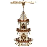 Holz Teelichtpyramide in Natur/braun mit 3 Etagen, für 3 Teelichte, L/B/H: 19 x 16,5 x 42 cm, Motiv: Eulenwald.