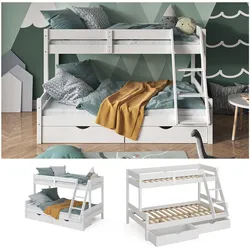 VitaliSpa Hochbett Kinderbett Spielbett Everest Weiß modern 120x200 Massivholz Kinderzimmer Bett Lattenrost Bettleiter Kletterbett Doppelbett Geschwisterbett Bettschublade Rollschublade