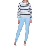 Normann Pyjama Damen Frottee Schlafanzug langarm mit Bündchen in Streifenoptik blau 52-54