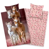 Aminata kids Bettwäsche Mädchen 135x200 Pferd - Baumwolle - Kinder-Bettwäsche mit Pferde-Motiv - rosa - Reißverschluss - Wendebettwäsche Fohlen und Blumen