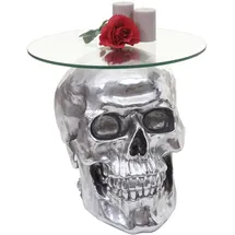 MCW Beistelltisch Totenkopf MCW-A19, Polyresin Glastisch Wohnzimmertisch, silber 52x55x55cm