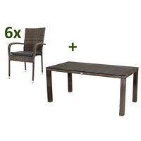 Ploß Rocking Sitzgruppe, grau/braun-meliert, Polyrattan, Tisch 170 x 90 cm, 6 Stapelstühle, Glasplatte in Steinoptik