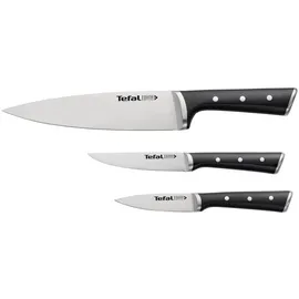 Tefal Ice Force 3-teiliges Messerset, Schälmesser 9cm, Chef-Messer 20cm, Universalmesser 11cm, deutscher Edelstahl, ergonomischer Griff, lang anhaltende Schneideleistung und Schärfe, schwarz,