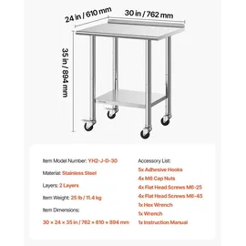 Vevor Edelstahltisch Gastro 762 x 610 x 894 mm, Verstellbarer Edelstahltisch mit Rollen, Aufkantung (30 mm), Arbeitstisch mit Grundboden für Restaurant Obere Ablage (204 kg) Untere Ablage (168 kg)