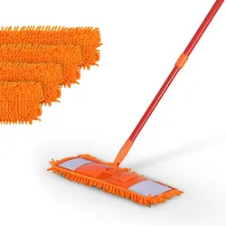 Bodenwischer Set ( Orange ) inkl. 4 Ersatzbezüge - Wischmopp mit Fußklick 360 Grad Gelenk für alle Ecken - Komfort Bodenreiniger Flachmopp Wischmopp