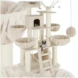 tectake Katzenbaum XXL, Kratzbaum groß, 195 cm, Kratzbaum deckenhoch, Kletterbaum mit Liegemulden, Hängematte, Treppe und Höhle, stabile Säulen mit Sisal, Spielbaum für Katzen - beige/weiß