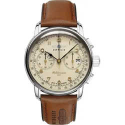 Zeppelin Herren Herrenuhr 96705 - Champagner-beiges Ziffernblatt mit goldenen Zahlen/Indices,cognac,orangee Naht - 42mm